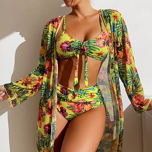 Costume 3 Pezzi Donna Tropicale – Bikini a Vita Alta con Copricostume Leggero