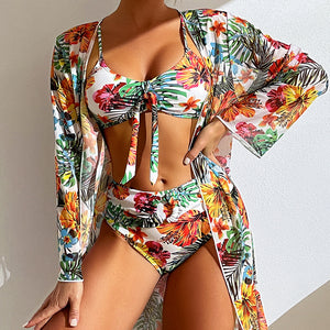 Costume 3 Pezzi Donna Tropicale – Bikini a Vita Alta con Copricostume Leggero