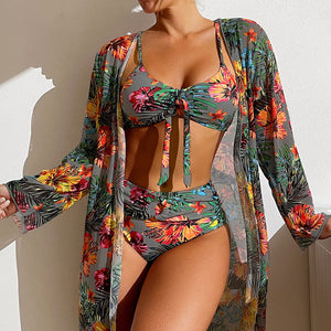 Costume 3 Pezzi Donna Tropicale – Bikini a Vita Alta con Copricostume Leggero