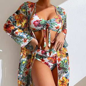 Costume 3 Pezzi Donna Tropicale – Bikini a Vita Alta con Copricostume Leggero