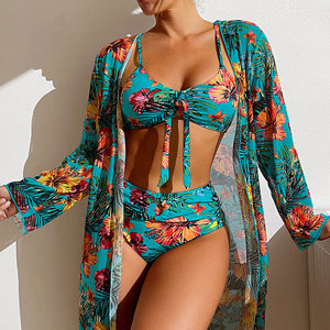 Costume 3 Pezzi Donna Tropicale – Bikini a Vita Alta con Copricostume Leggero
