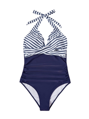 Costume Intero Donna Contenitivo - Scollo a V e Effetto Modellante - Righe Blu Marino