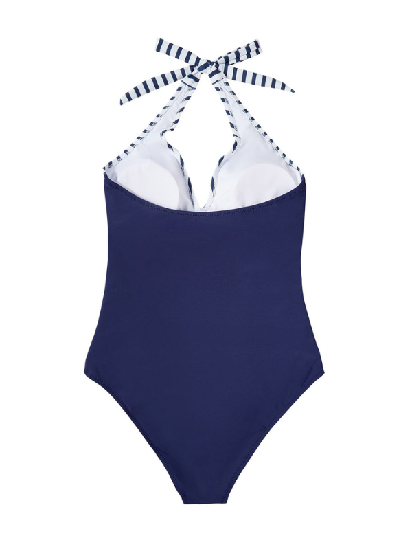 Costume Intero Donna Contenitivo - Scollo a V e Effetto Modellante - Righe Blu Marino