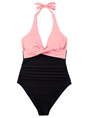 Costume Intero Donna Contenitivo - Scollo a V e Modellante - Rosa e Nero