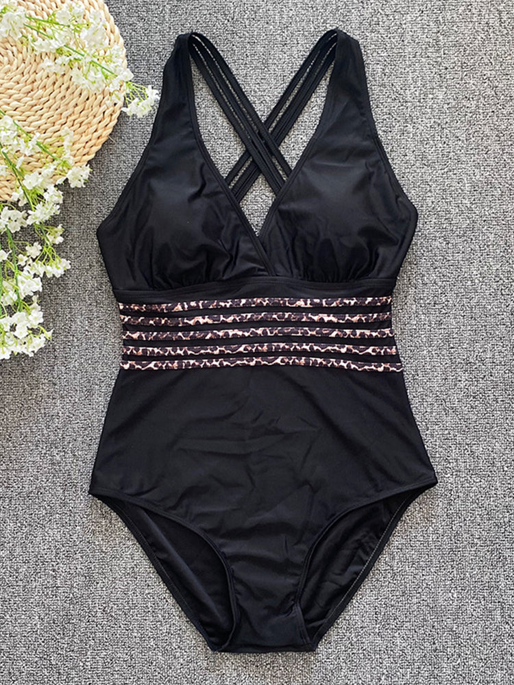 Costume Intero Donna Contenitivo Scollo V Fascia Modellante Leopardata