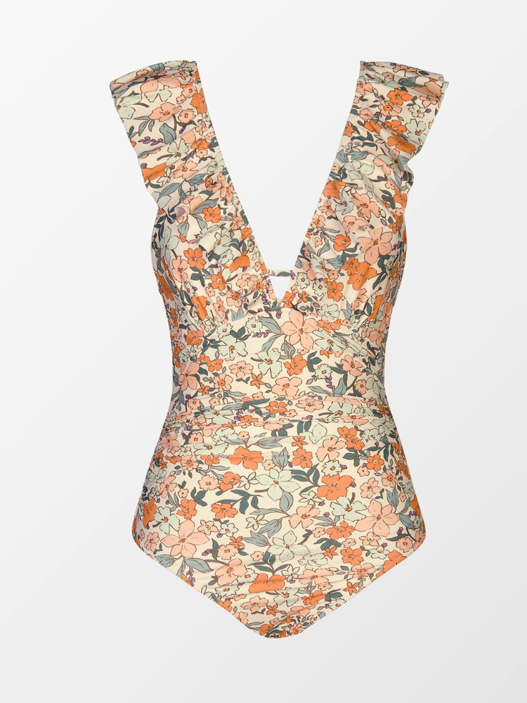 Costume Intero Donna Modellante Scollo V Floreale con Volant