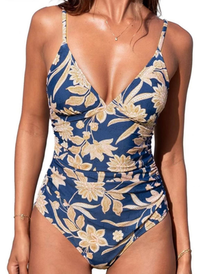 Costume Intero Donna Modellante Scollo V Stampa Floreale Blu
