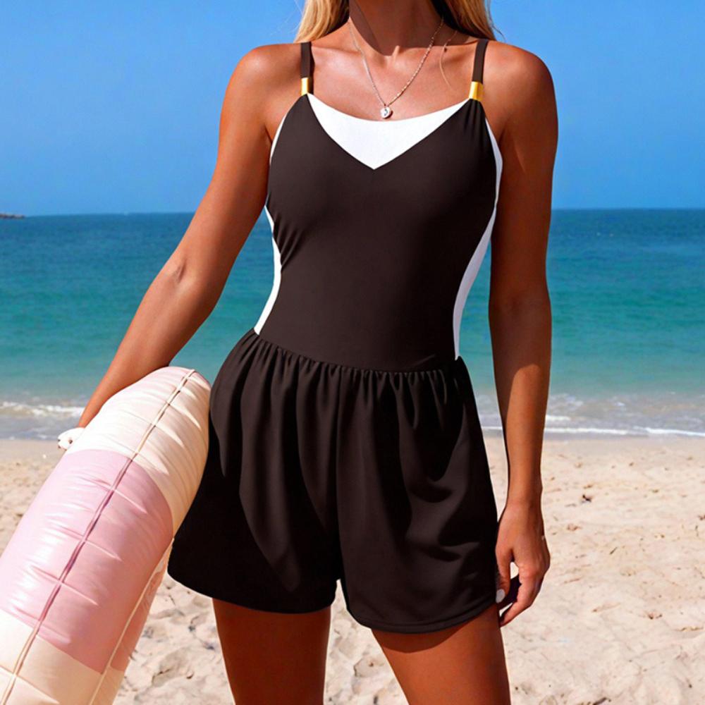 Costume Intero Donna Modellante con Shorts – Scollo V e Dettaglio Dorato