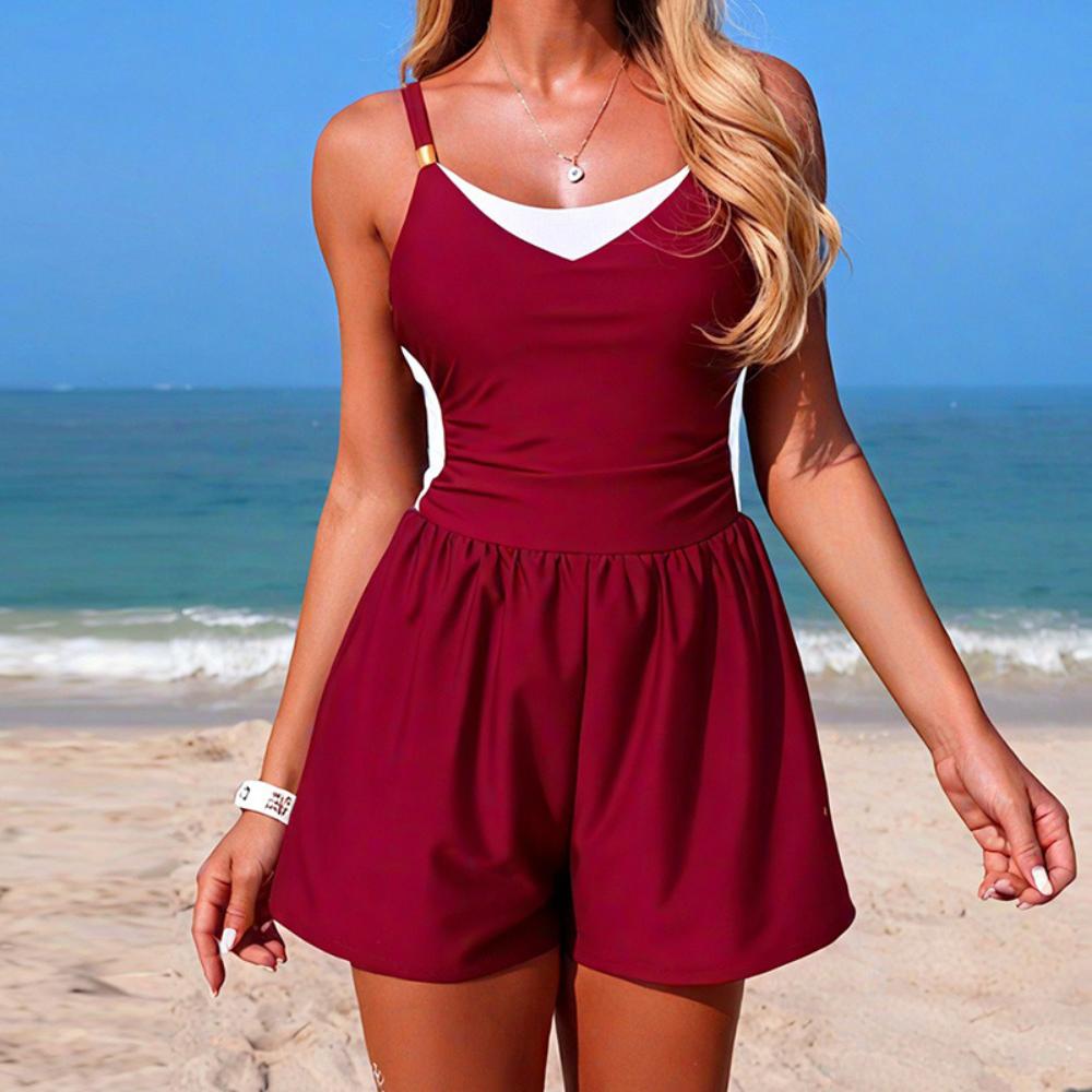 Costume Intero Donna Modellante con Shorts – Scollo V e Dettaglio Dorato