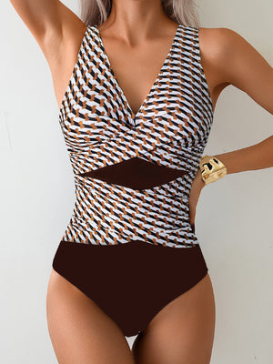 Costume Intero Donna Scollo V Modellante-  Marrone con Stampa Geometrica