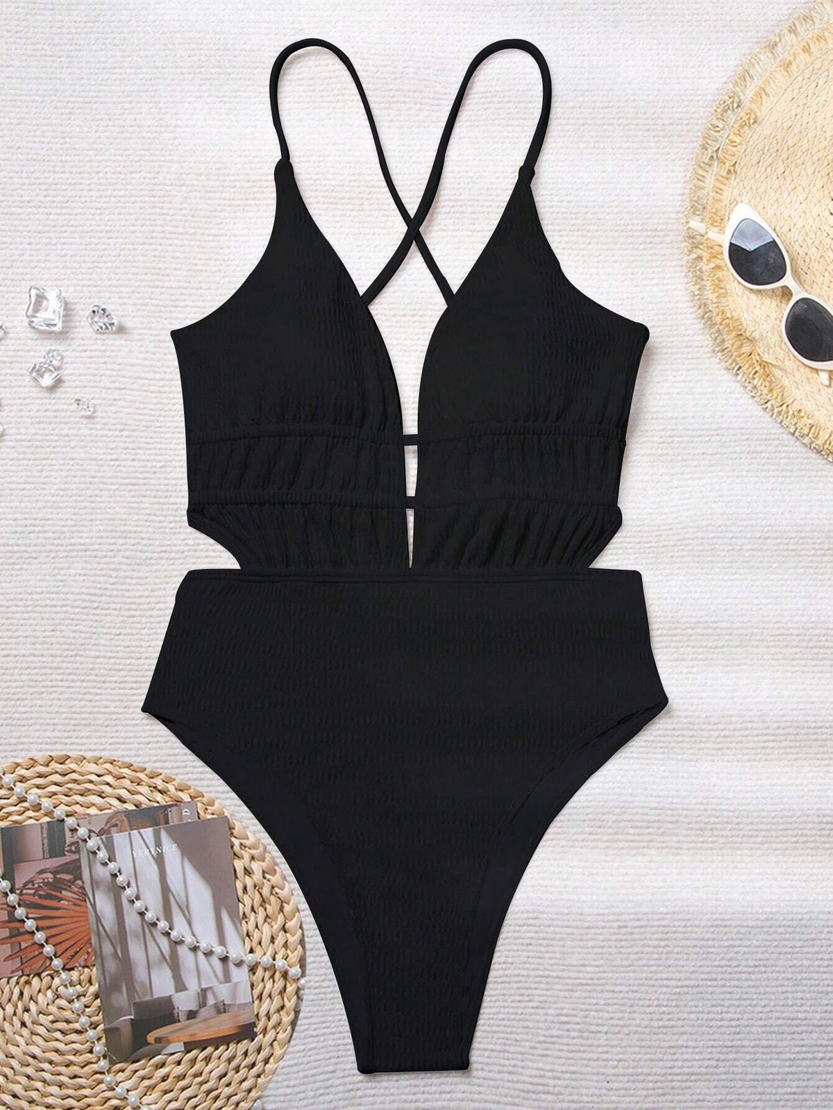 Costume Intero Donna Scollo V Profondo Schiena Aperta Nero Costine