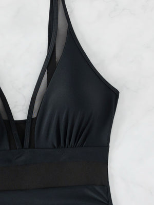 Costume Intero Donna Scollo V Profondo con Mesh Trasparente Nero