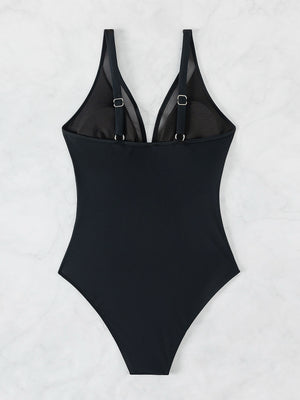 Costume Intero Donna Scollo V Profondo con Mesh Trasparente Nero