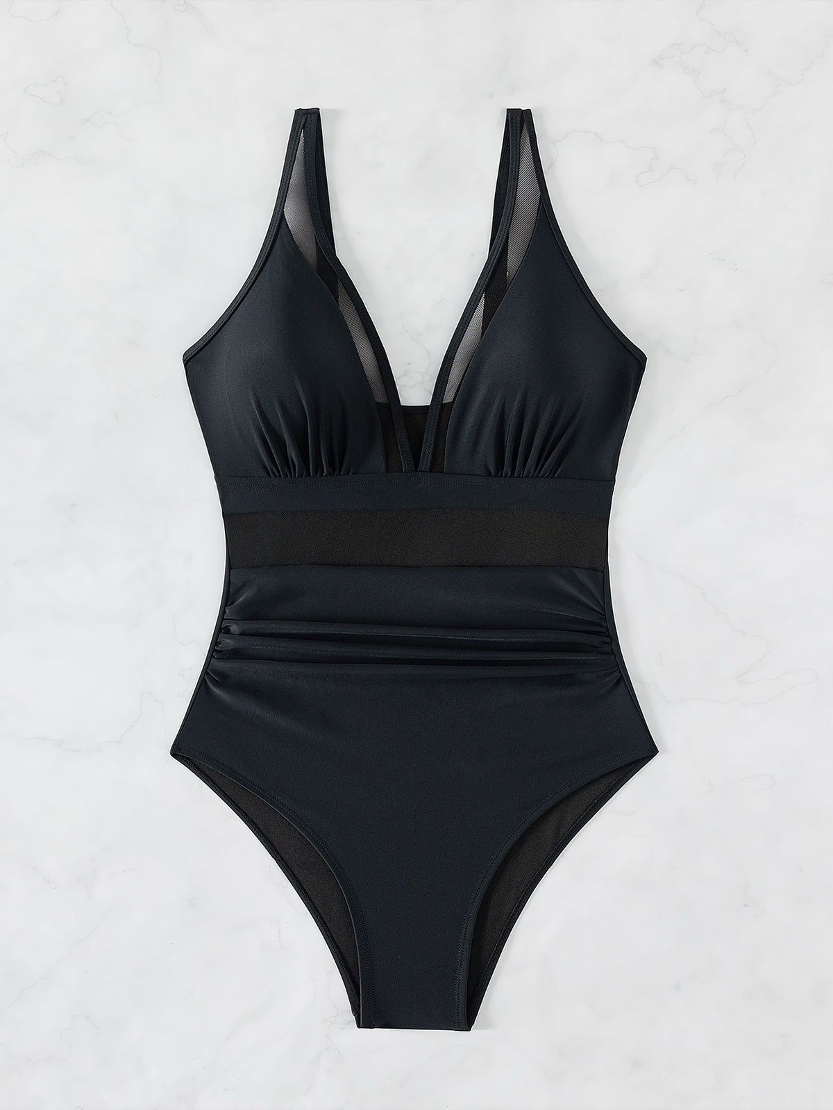Costume Intero Donna Scollo V Profondo con Mesh Trasparente Nero
