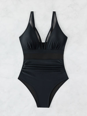 Costume Intero Donna Scollo V Profondo con Mesh Trasparente Nero