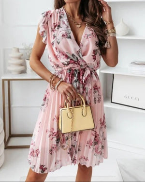 Vestito Donna Elegante Corto – Abito Floreale a Portafoglio con Cintura
