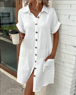 Vestito Donna Estivo Chemisier – Abito Camicia con Tasche e Bottoni