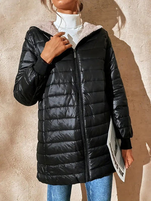 Aurora - Piumino Lungo Nero Imbottito con Cappuccio in Peluche