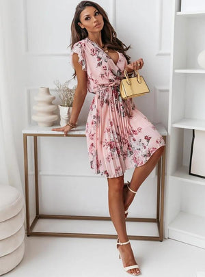 Vestito Donna Elegante Corto – Abito Floreale a Portafoglio con Cintura