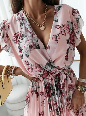 Vestito Donna Elegante Corto – Abito Floreale a Portafoglio con Cintura
