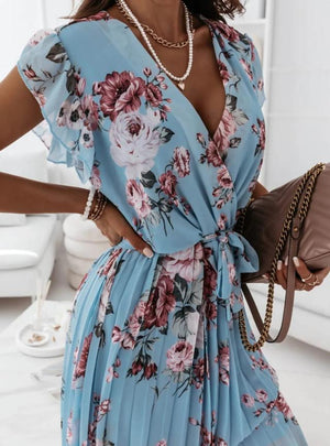 Vestito Donna Elegante Corto – Abito Floreale a Portafoglio con Cintura