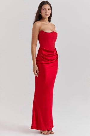 Rosalie - Vestito Lungo Satinato con Corsetto e Drappeggio