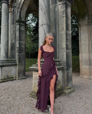 Vestito Giorgia Lungo in Chiffon con Volant e Apertura