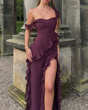 Vestito Giorgia Lungo in Chiffon con Volant e Apertura
