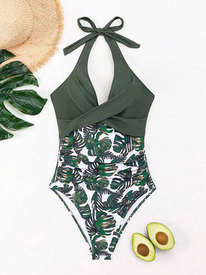 Costume da Bagno Foglia Tropicale – Scollo a V e Stile Modellante