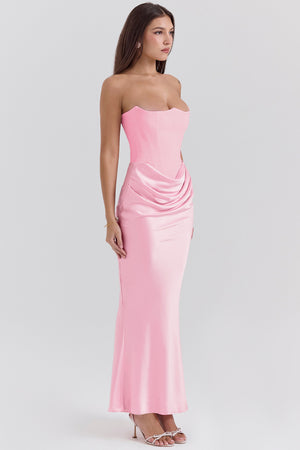 Rosalie - Vestito Lungo Satinato con Corsetto e Drappeggio