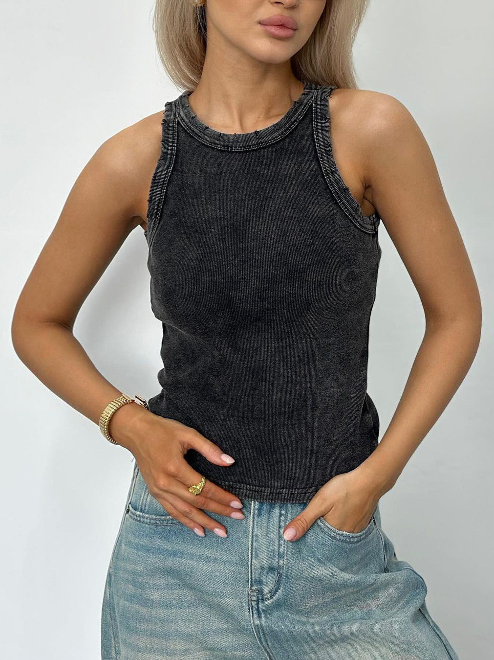 Elain - Canotta a Coste Effetto Slavato  Leela Moda