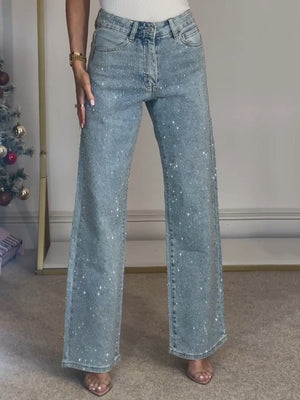 Jeans Donna Straight Vita Alta con Brillanti Elegante Leela Moda