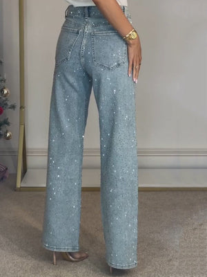 Jeans Donna Straight Vita Alta con Brillanti Elegante Leela Moda