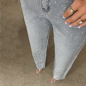 Jeans Donna Straight Vita Alta con Brillanti Elegante Leela Moda