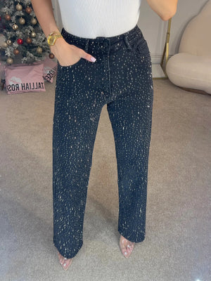 Jeans Donna Straight Vita Alta con Brillanti Elegante Leela Moda