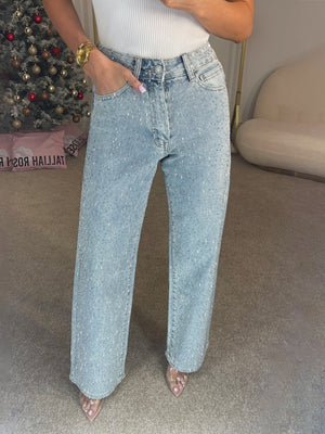 Jeans Donna Straight Vita Alta con Brillanti Elegante Leela Moda
