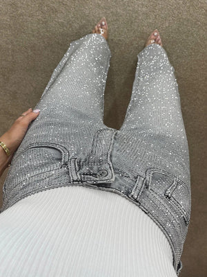 Jeans Donna Straight Vita Alta con Brillanti Elegante Leela Moda