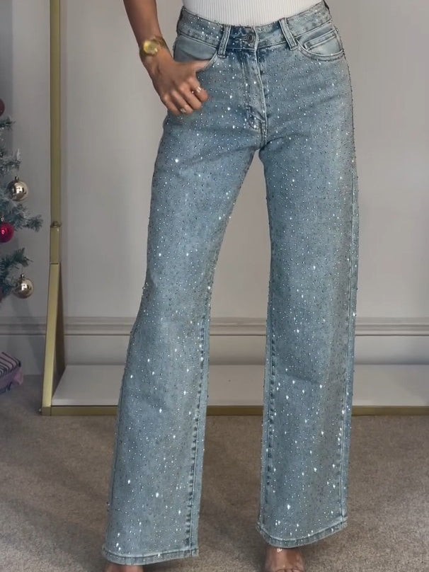 Jeans Donna Straight Vita Alta con Brillanti Elegante Leela Moda