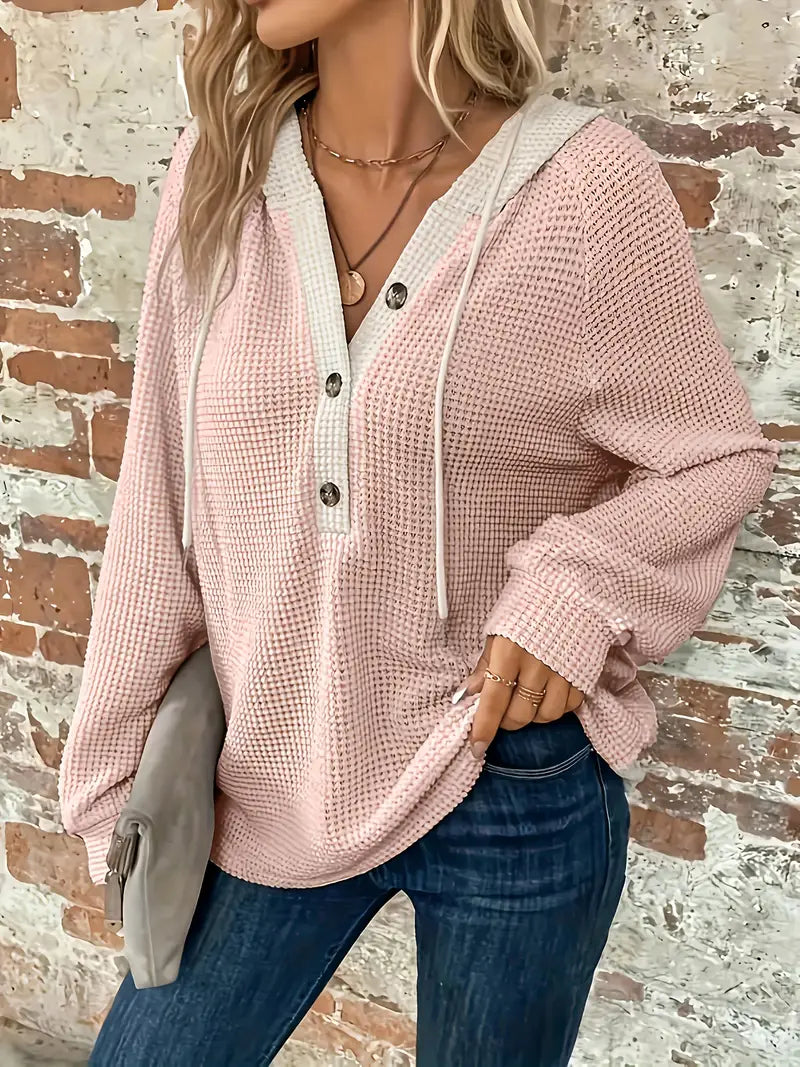 Pullover Donna con Cappuccio a Bottoni in Tessuto Waffle – Elena