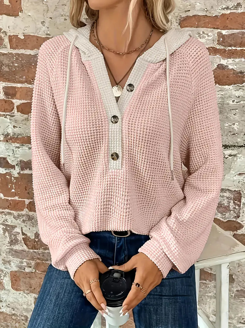 Pullover Donna con Cappuccio a Bottoni in Tessuto Waffle – Elena