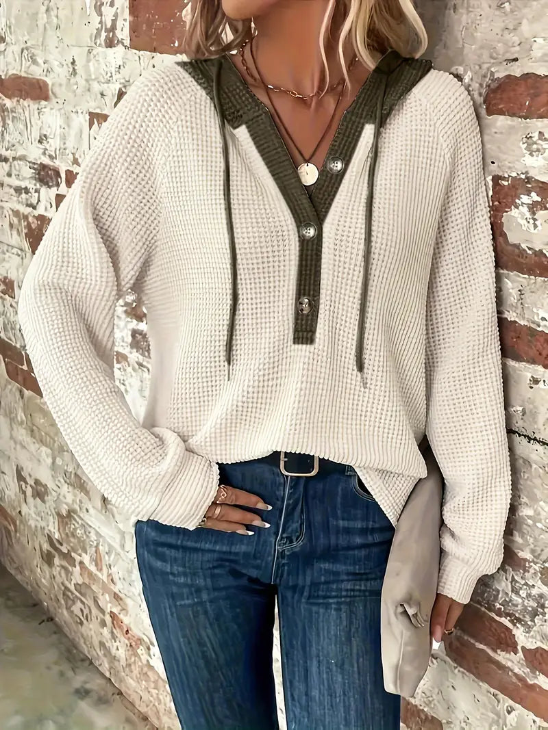 Pullover Donna con Cappuccio a Bottoni in Tessuto Waffle – Elena