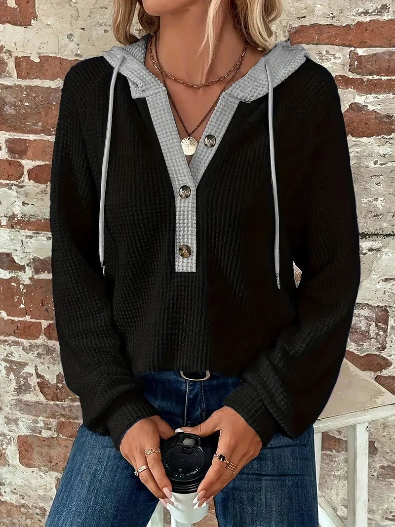 Pullover Donna con Cappuccio a Bottoni in Tessuto Waffle – Elena