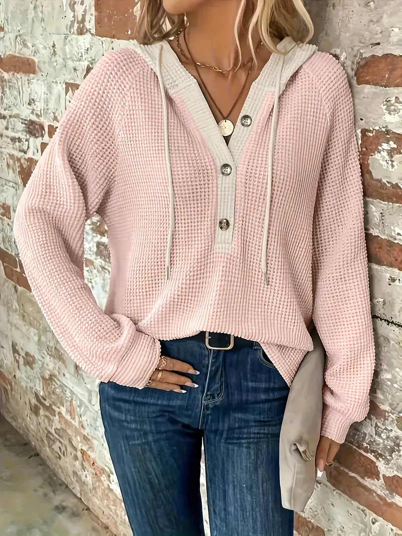 Pullover Donna con Cappuccio a Bottoni in Tessuto Waffle – Elena