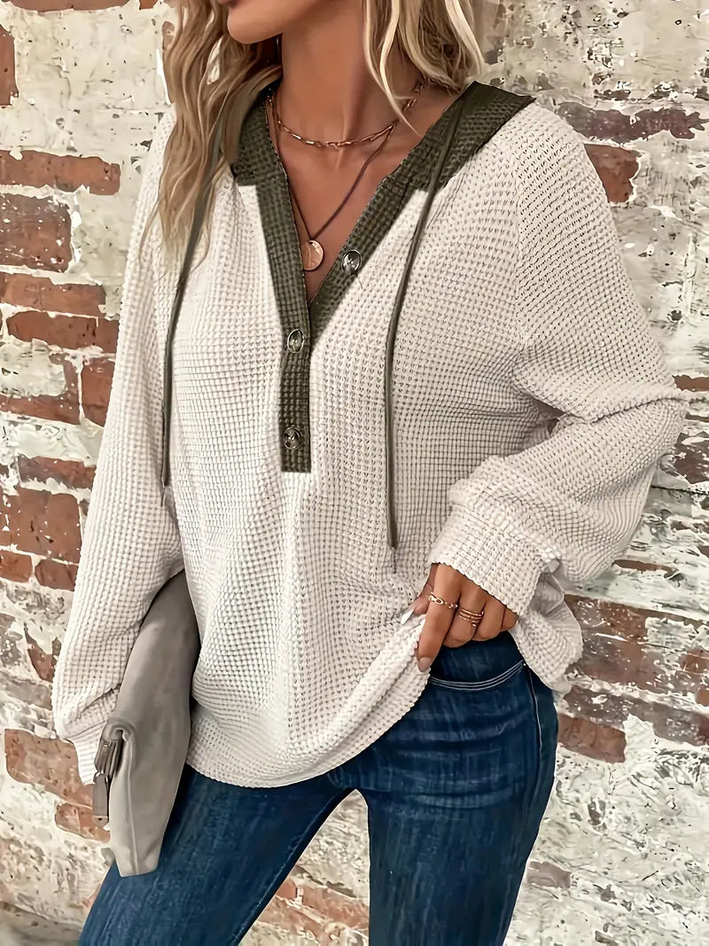 Pullover Donna con Cappuccio a Bottoni in Tessuto Waffle – Elena
