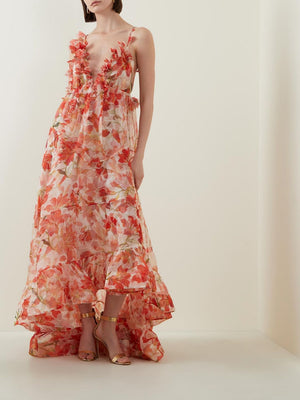 Vestito Lungo Floreale con Volant e Scollo a V