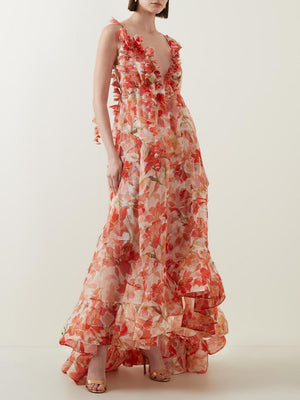 Vestito Lungo Floreale con Volant e Scollo a V