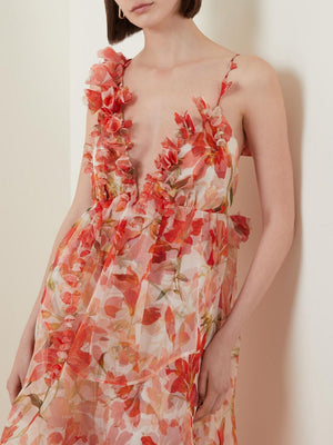 Vestito Lungo Floreale con Volant e Scollo a V