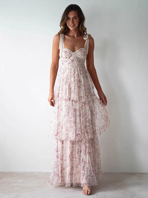 Fiorella - Vestito Lungo Floreale a Balze