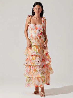Fiorella - Vestito Lungo Floreale a Balze
