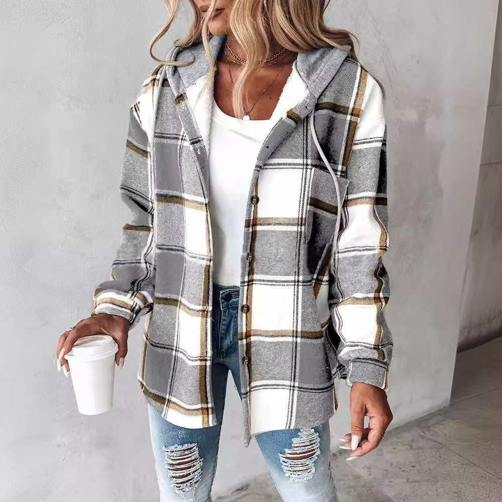 Giacca Camicia Donna a Quadri con Cappuccio - Casual Chic e Mezza Stagione - Martina